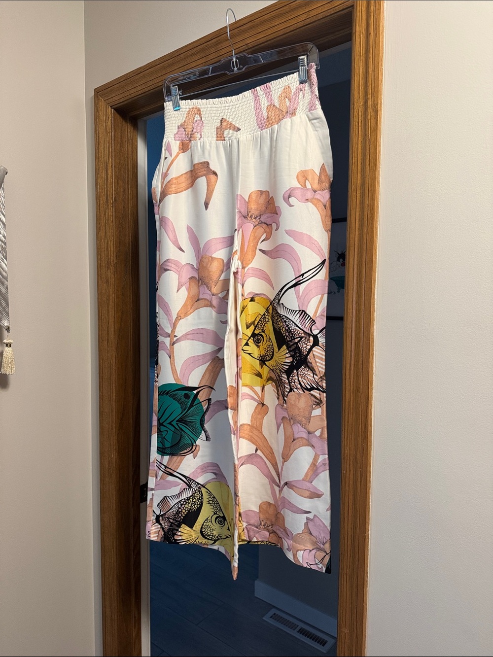Anthropology Cream Floral & Fish Print Wide-Leg Pants